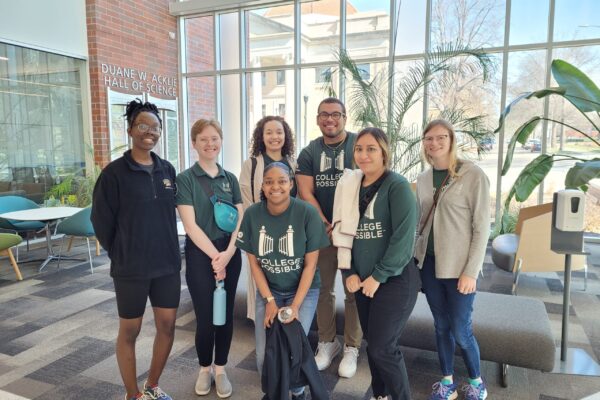 College Access Team Group Photo With Nebraska Wesleyan Representative. From Left To Right: Nebraska Wesleyan Representative, Coach Aubrey, Coach Dorothy, Coach Dayana, Coach Jerry, Coach Maria, And College Access Program Coordinator Christina Jelinek.