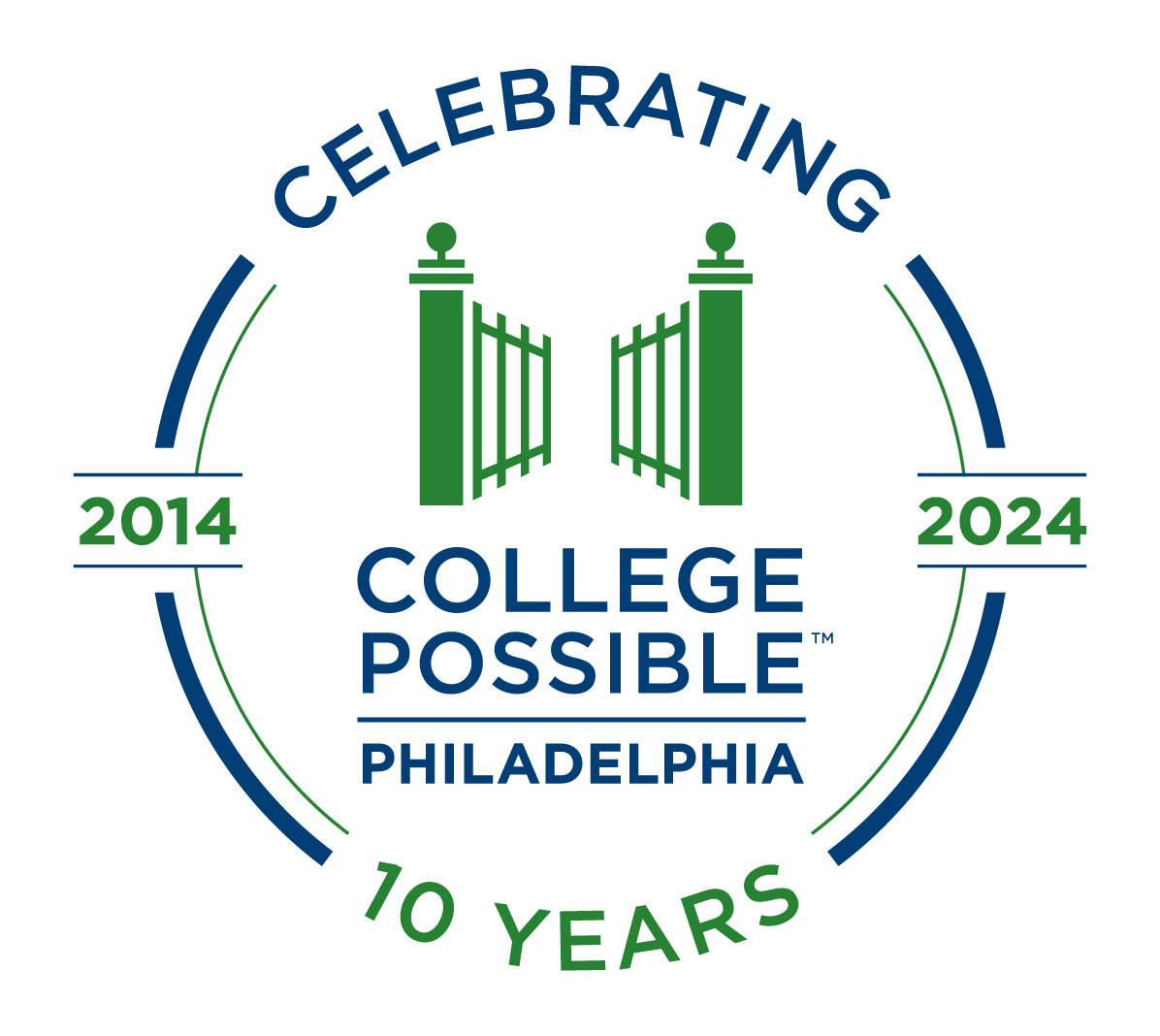 College Possible Philadelphia logo celebrating 10 years between 2014-2024