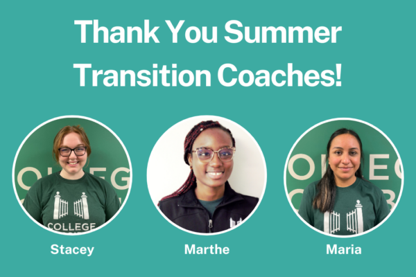 Graphic Showcasing Three Summer Transition Coaches And Says, ‘thank You Summer Transition Coaches.’ From Left To Right, Photo Of Stacey Wearing Glasses And Smiling In College Possible T-shirt, Headshot Photo Of Marthe Wearing Glasses And Smiling In College Possible Vest, And Headshot Of Maria Smiling In College Possible T-shirt.