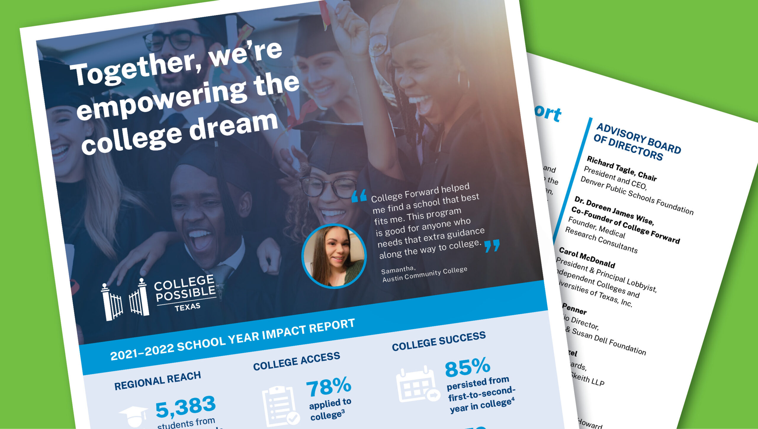 A preview image of the College Possible Texas impact report, showing parts of the front and back sides. The main headline that is visible reads "Together, we're empowering the college dream"