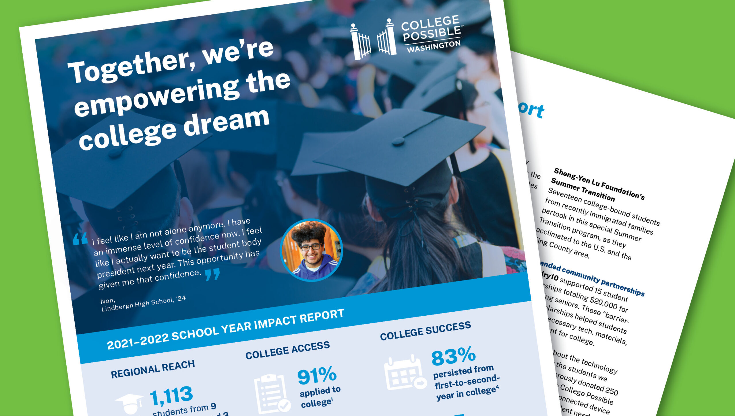 Mockup image of the College Possible Washington impact report for 2021-22