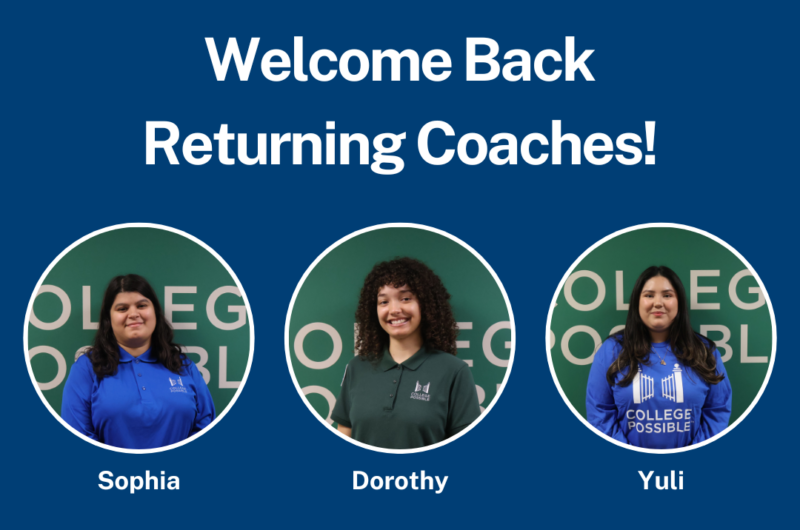 Graphic Showcasing Three Summer Transition Coaches And Says, ‘welcome Back Returning Coaches.’ From Left To Right, Photo Of Sophia Smiling In Blue College Possible Polo, Headshot Photo Of Dorothy Smiling In Green College Possible Polo, And Headshot Of Yuli Smiling In Blue College Possible T-shirt.