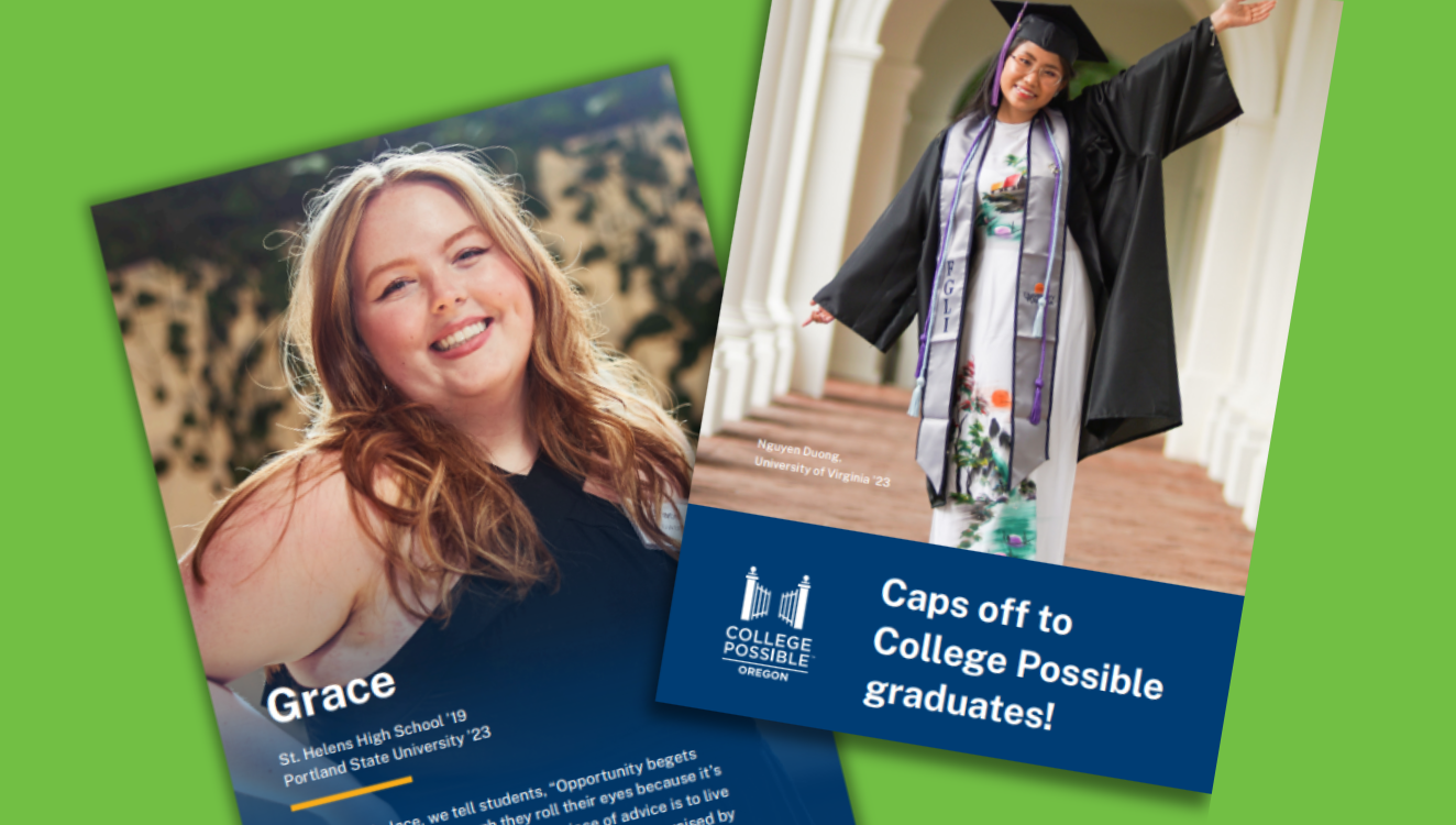 Preview of the Oregon Brochure, featuring two images of women. The woman on the left has long ginger hair, and is smiling at the camera. The women on the right is in a graduation gown, posing with her arms wide open and smiling.