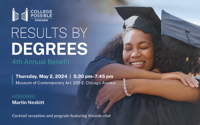 A Photo Of Two People In Graduation Gowns Hugging Each Other. There's An Overlay Of Text That States "Results By Degrees 4th Annual Benefit"