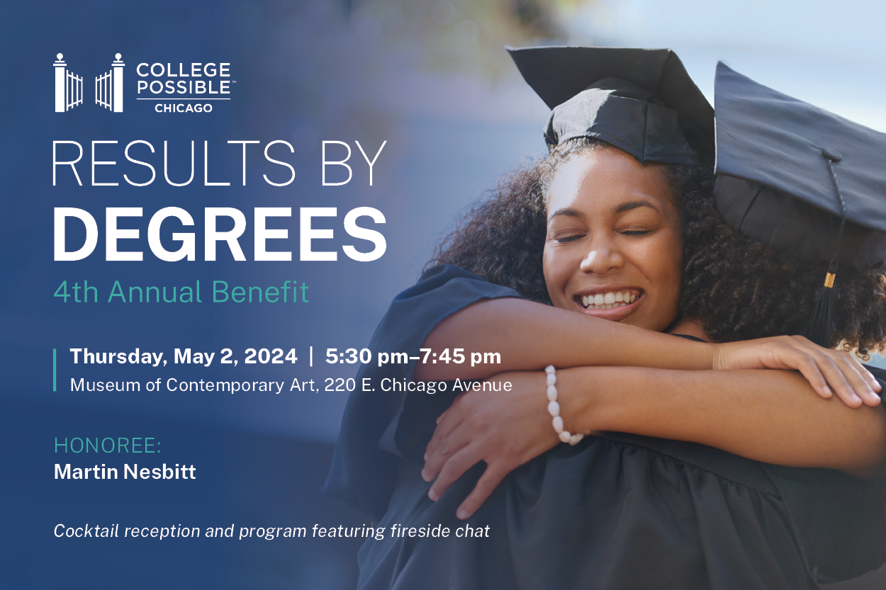 A photo of two people in graduation gowns hugging each other. There's an overlay of text that states "Results by Degrees 4th Annual Benefit"