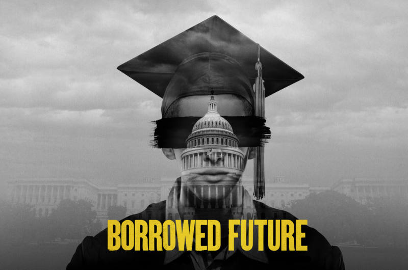 Borrowed Future Movie Cover – Black And White Image Of Person In Graduation Cap With U.S. Capitol Building Overlay