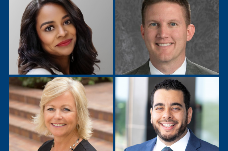 Collage Style Photo Of Advisory Board Members & Champions For College Possible Headshots. Top Left: Gennean Scott; Top Right: Andy Rikli; Bottom Left: Lisa Lackovic; Bottom Right: Marco Ortiz.
