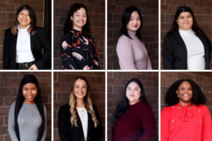 Collage of headshot photos of student alumni coaches. From left to right: Liz (top), Fatuma (bottom), Dorothy (top), Katie (bottom), Say (top), Yuli (bottom), Sophia (top), Rhea (bottom)