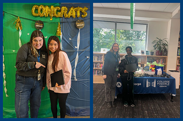 Two Pairs Of Women Stand In Two Photos Collaged Side By Side. Left-hand Pair Stands Under A "Congrats" Balloon Sign. Right-hand Pair Stands In A Classroom In Front Of A Table Draped With A College Possible Banner. One Of Each Pair Is Holding A Laptop.