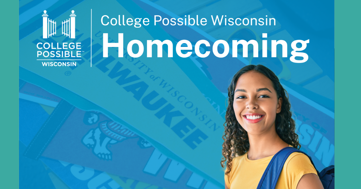 College Possible Wisconsin 2024 Graphic depicting a student carrying a backpack smiling at the camera