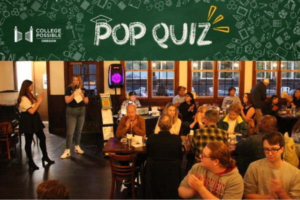 Pop Quiz Logo And College Possible Logo With A Photo From The Event Underneath: Senior Development Director Nicole Mays And Ambassador Board Member Marley Speak To The Crowd Of Trivia Players While Standing Next To The Last Call Trivia Emcee Table.