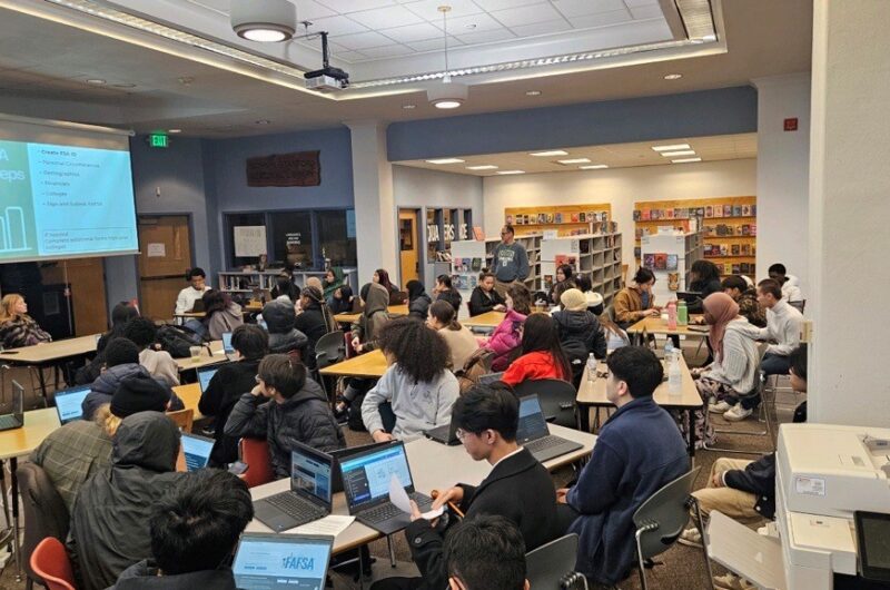 Group Of About Students In A Library Seated At Tables With Laptops, All Facing A Projector Where Information About FAFSA Is Displayed.