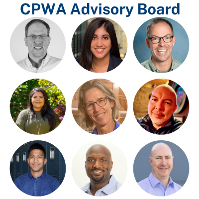 The Words CPWA Advisory Board Are Over Three Rows Of 3 Photos. The First Row Is A Man, A Woman, And A Man, The Second Row Is Two Women And A Man, And The Third Row Is Three Men