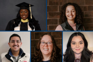 Collage of five Advising Specialists. Top: Darrien (left) pictured in her cap and gown, Dorothy (right) smiling and wearing a black College Possible vest overtop a pink long sleeve shirt. Bottom: Edgar (left) smiling against a white background, Mallory (center) smiling against a brick wall background, Hannah (right) smiling with a white background.