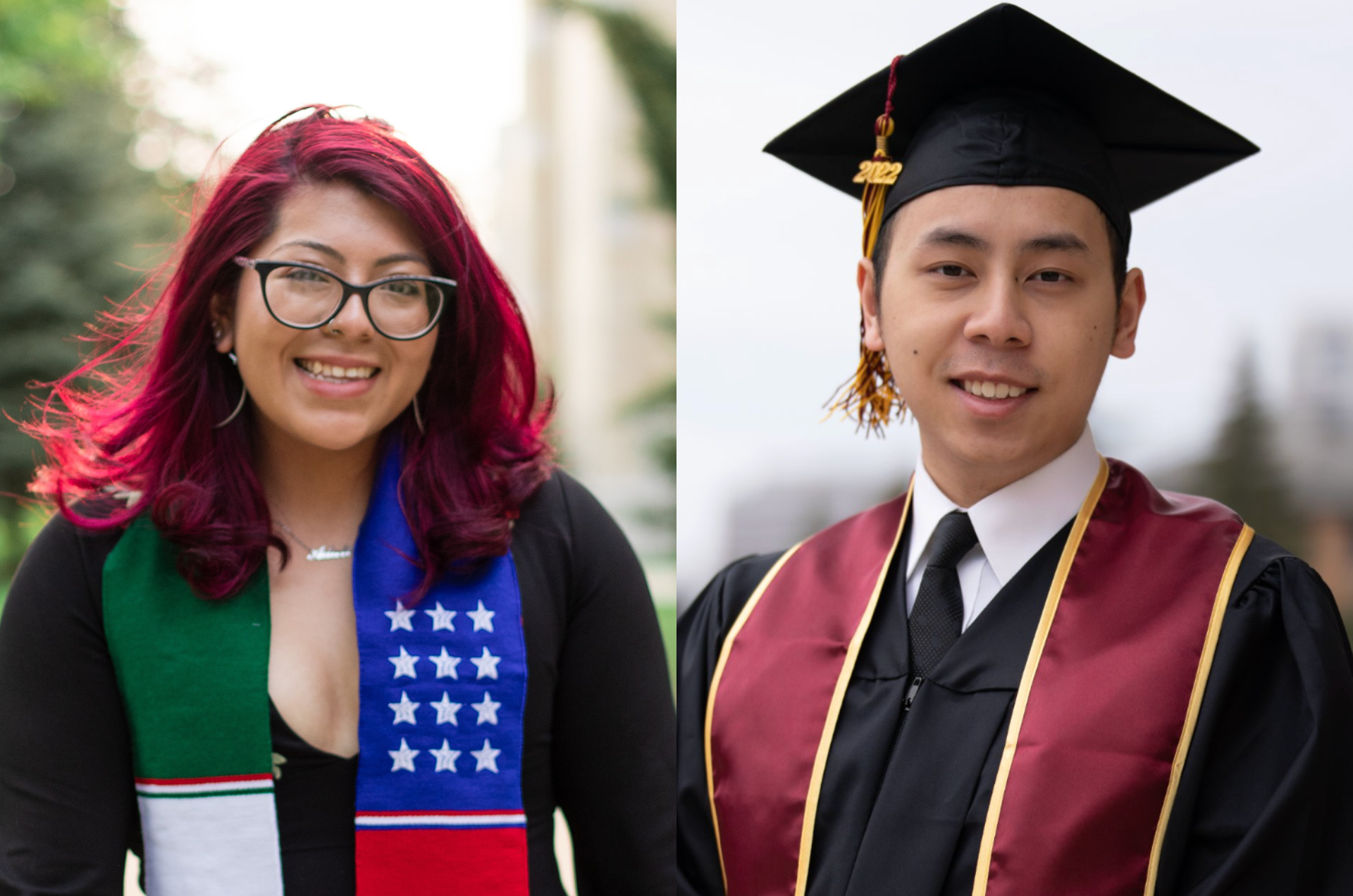 Adali, a recent college graduate, stands on her college campus wearing a colorful stole and mortarboard, and Ben, is shown in a separate image wearing his cap and gown.