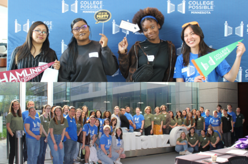 picture of all of College Possible Minnesota’s staff in front of Allianz Life’s headquarters in Golden Valley; a picture of a College Possible coach and her three mentees