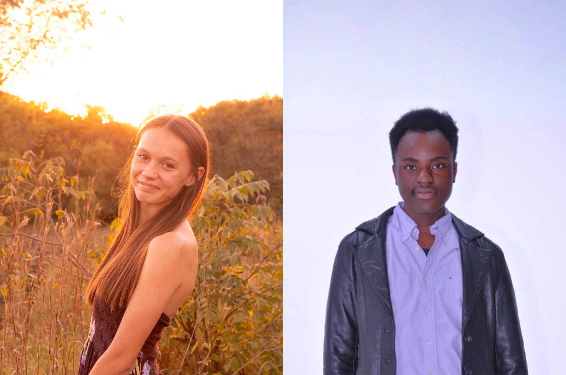 uniper, a recent high school graduate, is shown in the middle of a field; Emmanuel is shown in a full body headshot.
